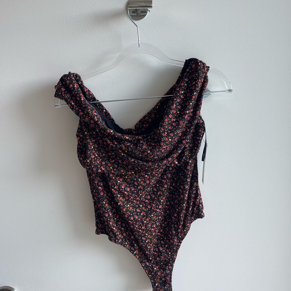 Lulus Tops - Lulu's Black Floral Cowl Neck Bodysuit